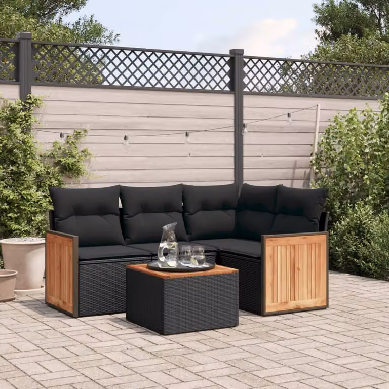 Set di Divani da Giardino vidaXL 5 Pezzi in Polyrattan Nero con Cuscini e Tavolino da Esterno a Forma di L