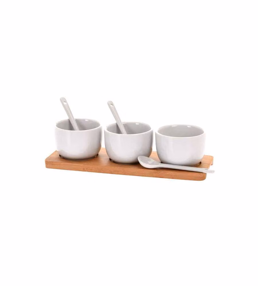 Vassoio Bamboo 21,5 x 7,5 cm con 3 Ciotole e Cucchiaini Bianchi