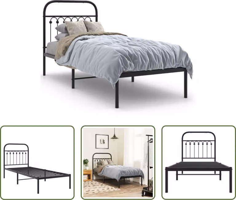 The Living Store Struttura letto con testiera in metallo nero 80x200 cm