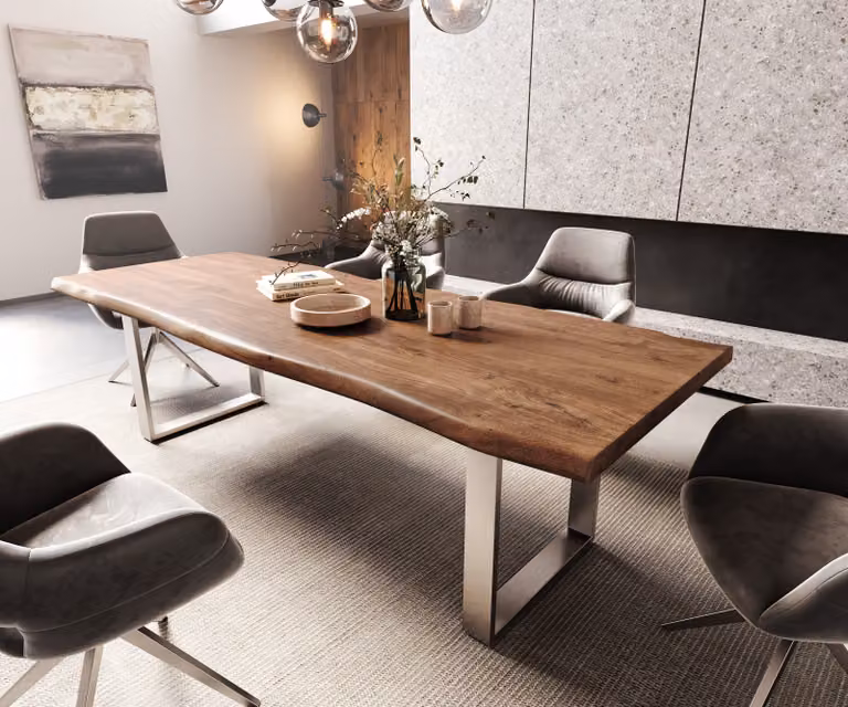 DELIFE Tavolo da pranzo Edge, 260x100 cm, XL, acacia marrone, acciaio inossidabile, design minimalista con bordo naturale
