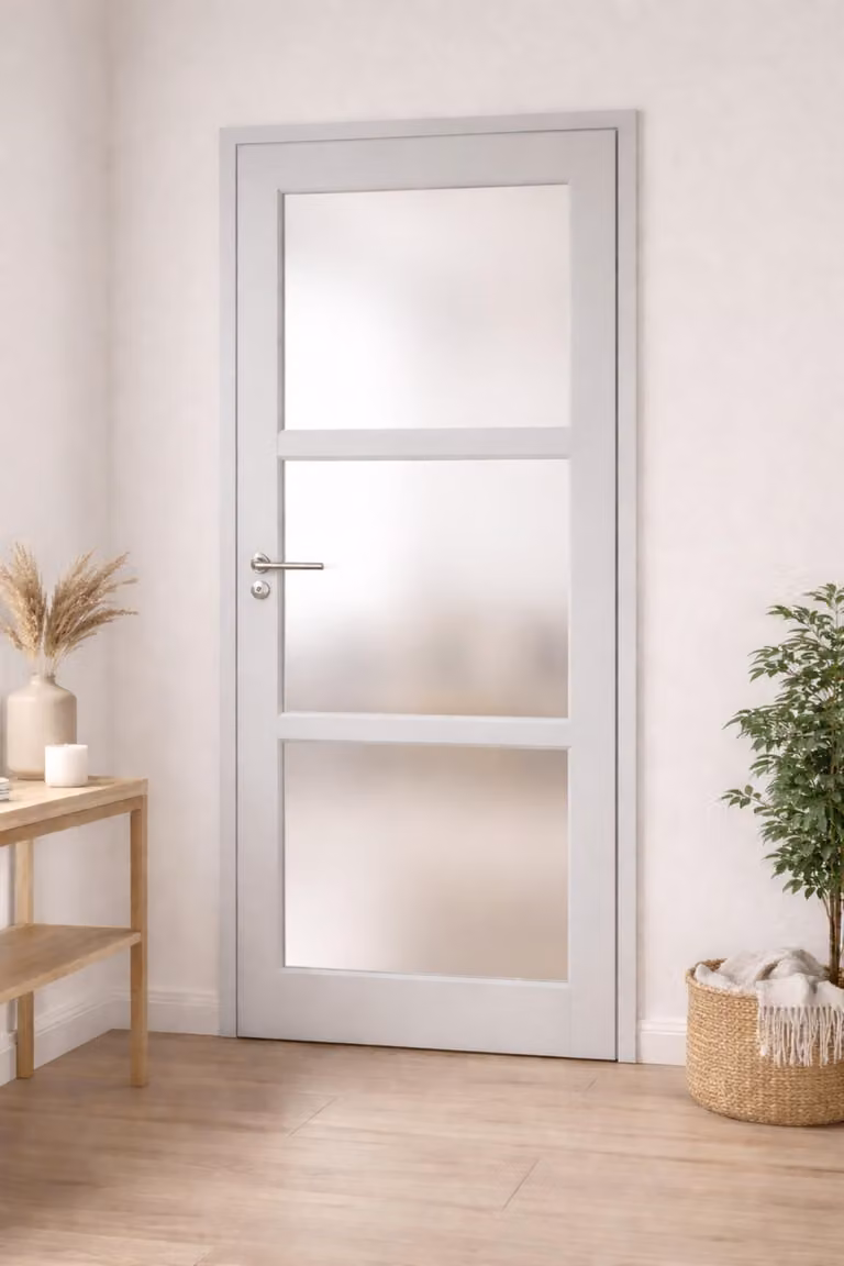 Bloc Porta Greyria Grigio Chiaro Vetrata H204 x L83 cm, lato tavola P. destra, maniglia Pomerol GD MENUISERIES