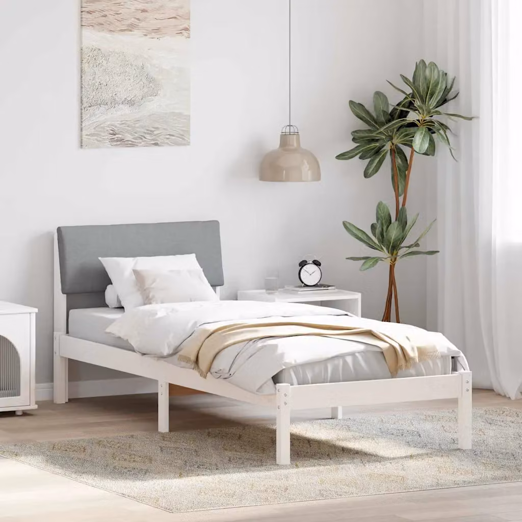 Struttura del letto moderna vidaXL in legno di pino e tessuto, bianco e grigio, L/P/H: 190 x 80 x 80,5 cm