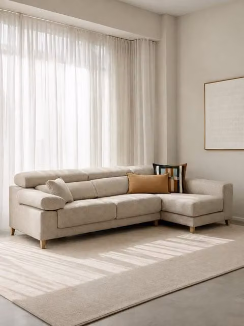 Divano Air Kenay Home con chaise longue destra, 4 posti, reclinabile ed estraibile, colore perla, L: 278 cm