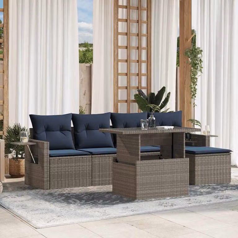 Set di divani da giardino vidaXL in 6 pezzi con cuscini in polyrattan e struttura in metallo, colore grigio e blu, design moderno a forma di L per esterno