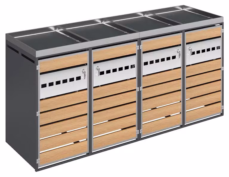 Contenitore per rifiuti a quattro scomparti - Grigio, legno e acciaio - Struttura in metallo - 123x68x14 cm
