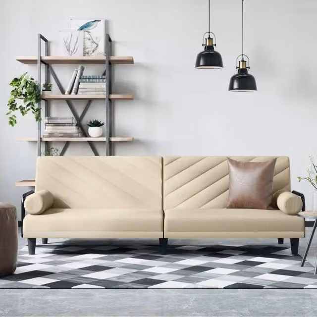 Divano Letto Click Clack vidaXL in Tessuto Beige con Funzione Letto e Cuscini Inclusi L/P: 90 x 200 cm – 1