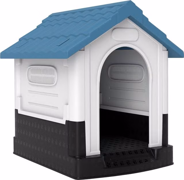 Cuccia per cani piccoli da esterno PawHut in plastica blu con base rialzata e finestre, L: 64,5 cm, P: 57 cm, H: 66 cm – 1