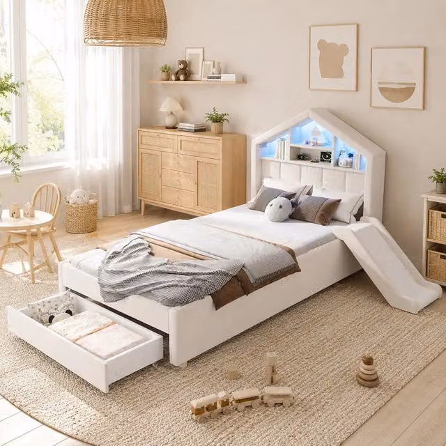Letto per bambini imbottito 90 × 200 cm con scivolo montabile a sinistra o destra velluto beige LED vano contenitore