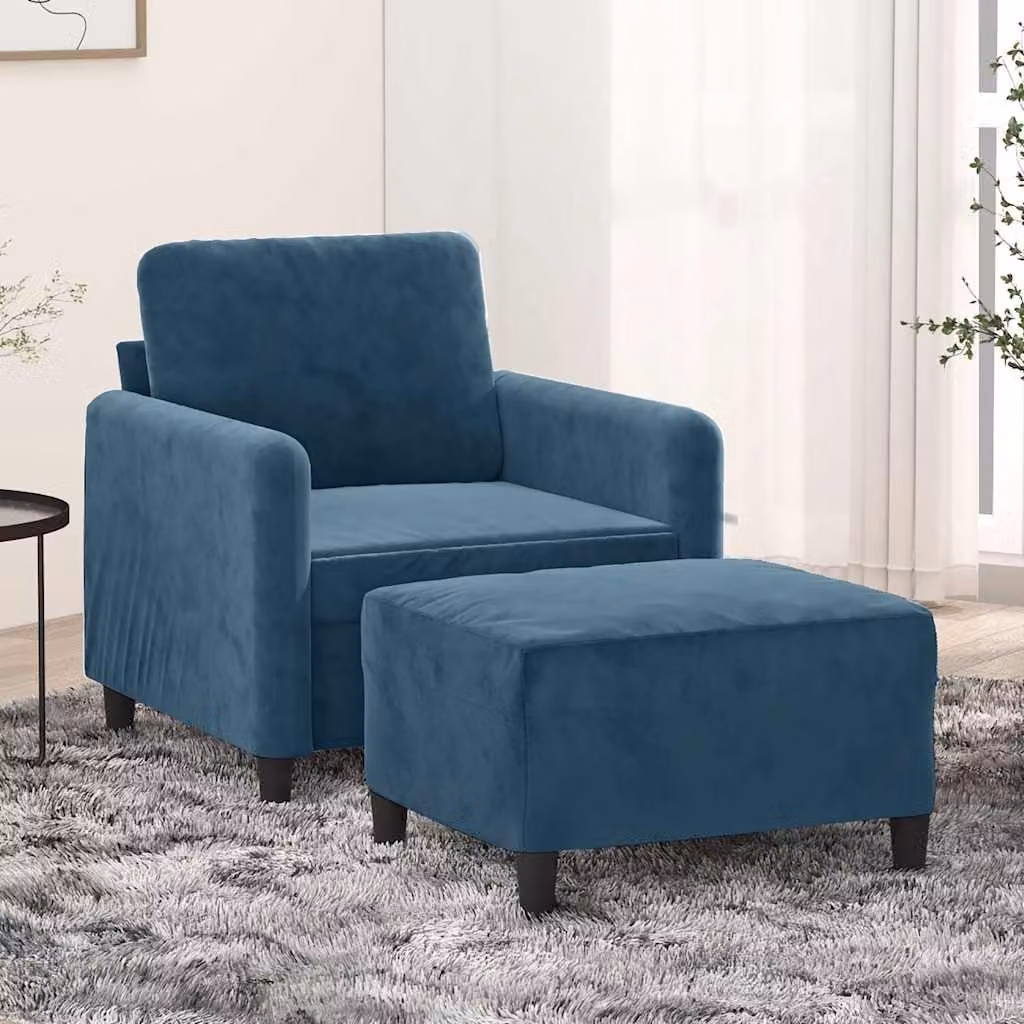 Poltrona con Poggiapiedi vidaXL in Velluto Blu con Braccioli e Design Moderno per Soggiorno – 1