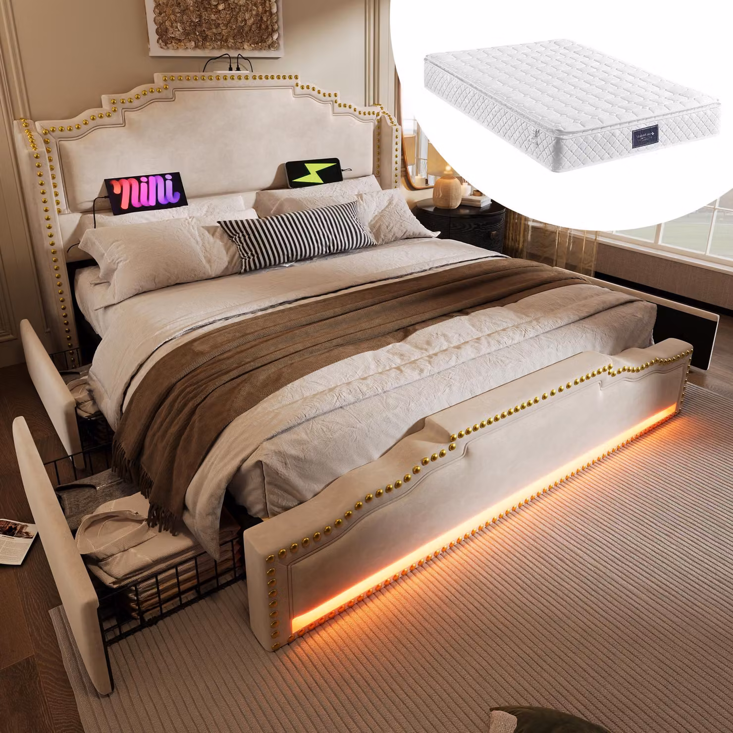 Letto imbottito 140×200, letto matrimoniale con 4 cassetti, illuminazione LED e porta di ricarica USB-C, beige, con materasso