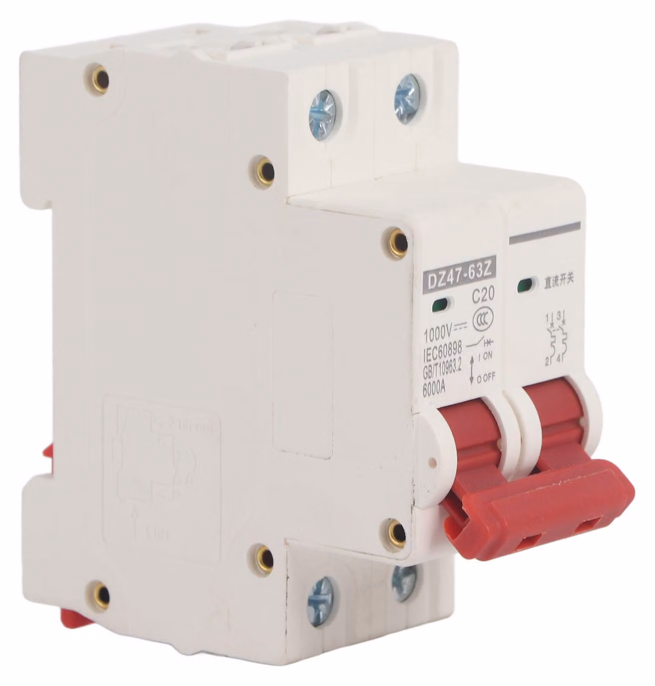 Interruttore di potenza miniaturizzato in corrente continua 2 poli, sezionatore per impianti fotovoltaici, montaggio su guida DIN, 1000 V, 20 A, DZ47-63Z C20