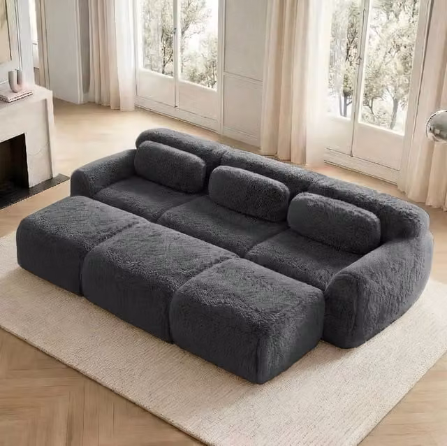 Divano modulare senza struttura con 3 ottomane in tessuto peluche grigio HOMVRA