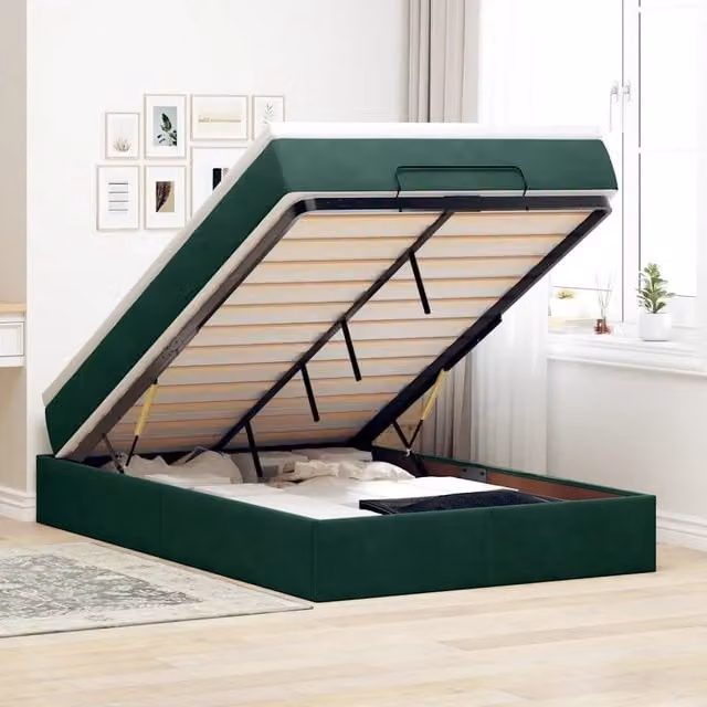 Letto con Pouf e Materasso vidaXL in Velluto Verde e Bianco con Base a Sollevamento L/P/H: 120 x 200 x 203 cm