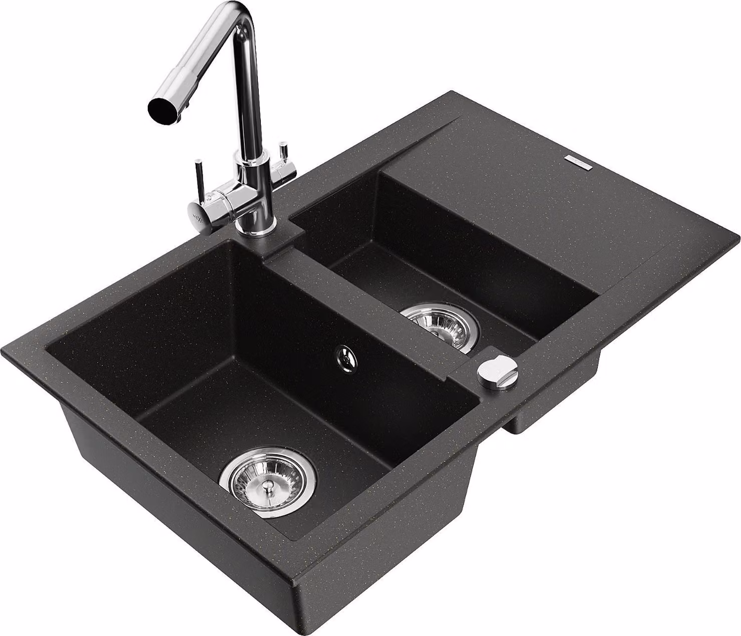 Mexen Gaspar lavello in granito a 1,5 vasche con scolapiatti e miscelatore da cucina Duero, nero/oro metallizzato