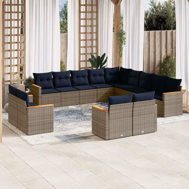 Set di divani da giardino vidaXL a forma di U composto da 13 pezzi con cuscini in polyrattan e struttura in metallo, colore grigio e blu