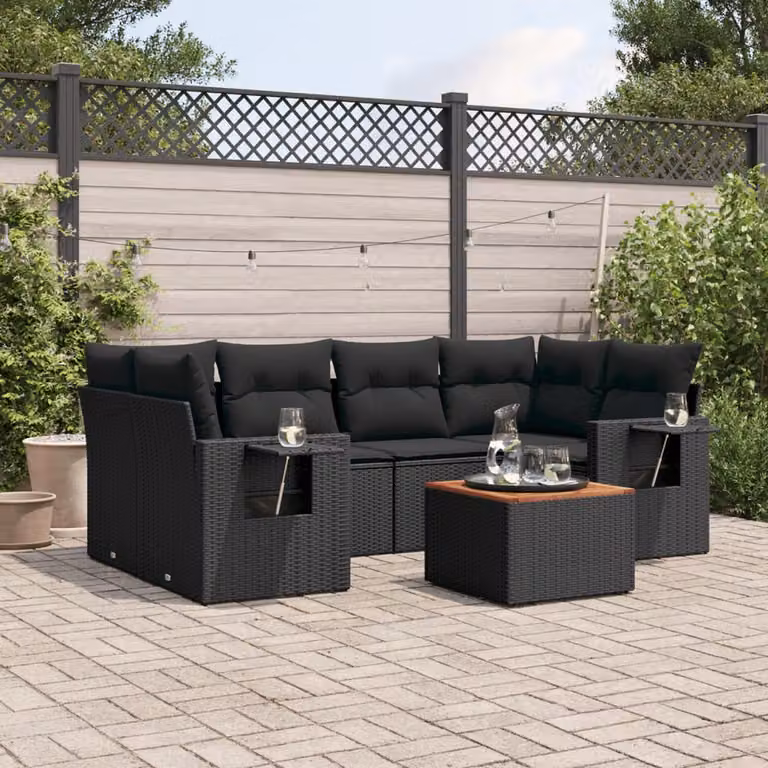 vidaXL Set Divani da Giardino a L con Cuscini 7pz Nero Polyrattan e Legno di Acacia