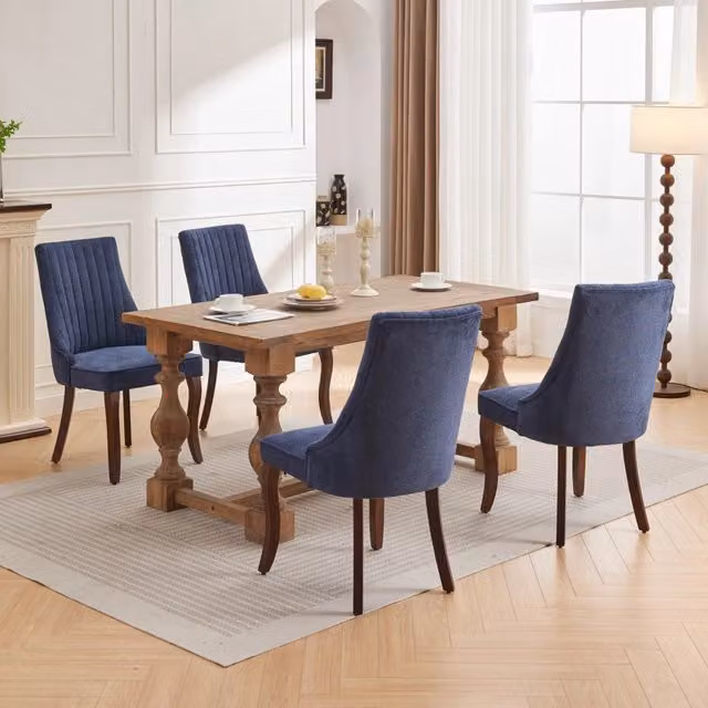 Set da 2 sedie da sala da pranzo OKWISH in ciniglia blu con schienale alto imbottito, borchie decorative e gambe in legno massello – 1