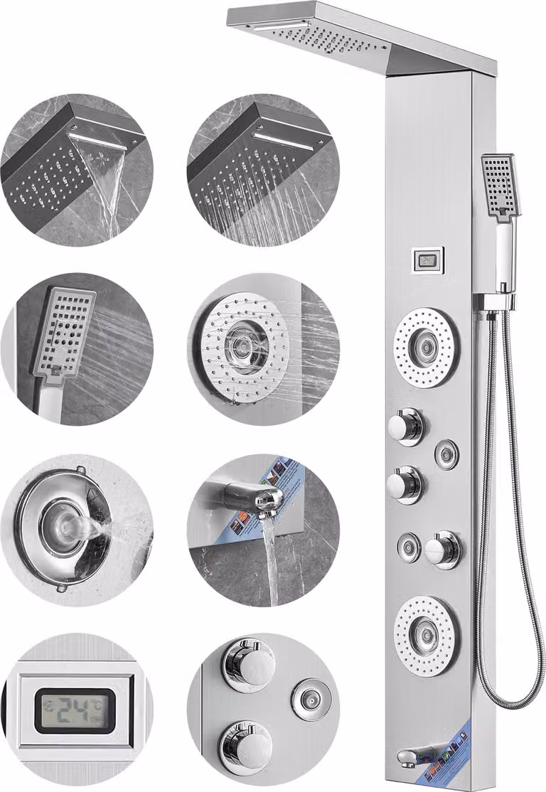 Sistema di pannelli doccia SucceBuy, 6 modalità di doccia, torre di pannelli doccia a LED e display, pioggia, cascata, 4 getti per il massaggio del corpo, bocca da bagno, doccetta, tubo flessibile da 59 pollici, set doccia a parete in acciaio inox