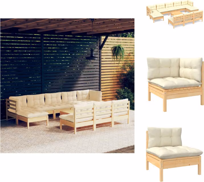 vidaXL set salotto da giardino 11 pezzi con cuscini crema in legno di pino - Set di mobili da giardino