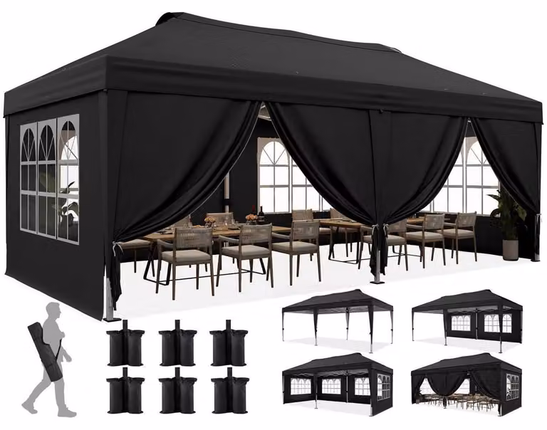Tenda pop-up da esterno, dimensioni 3x6 metri, con 6 pareti laterali, colore nero, protezione UV 50+, struttura in acciaio