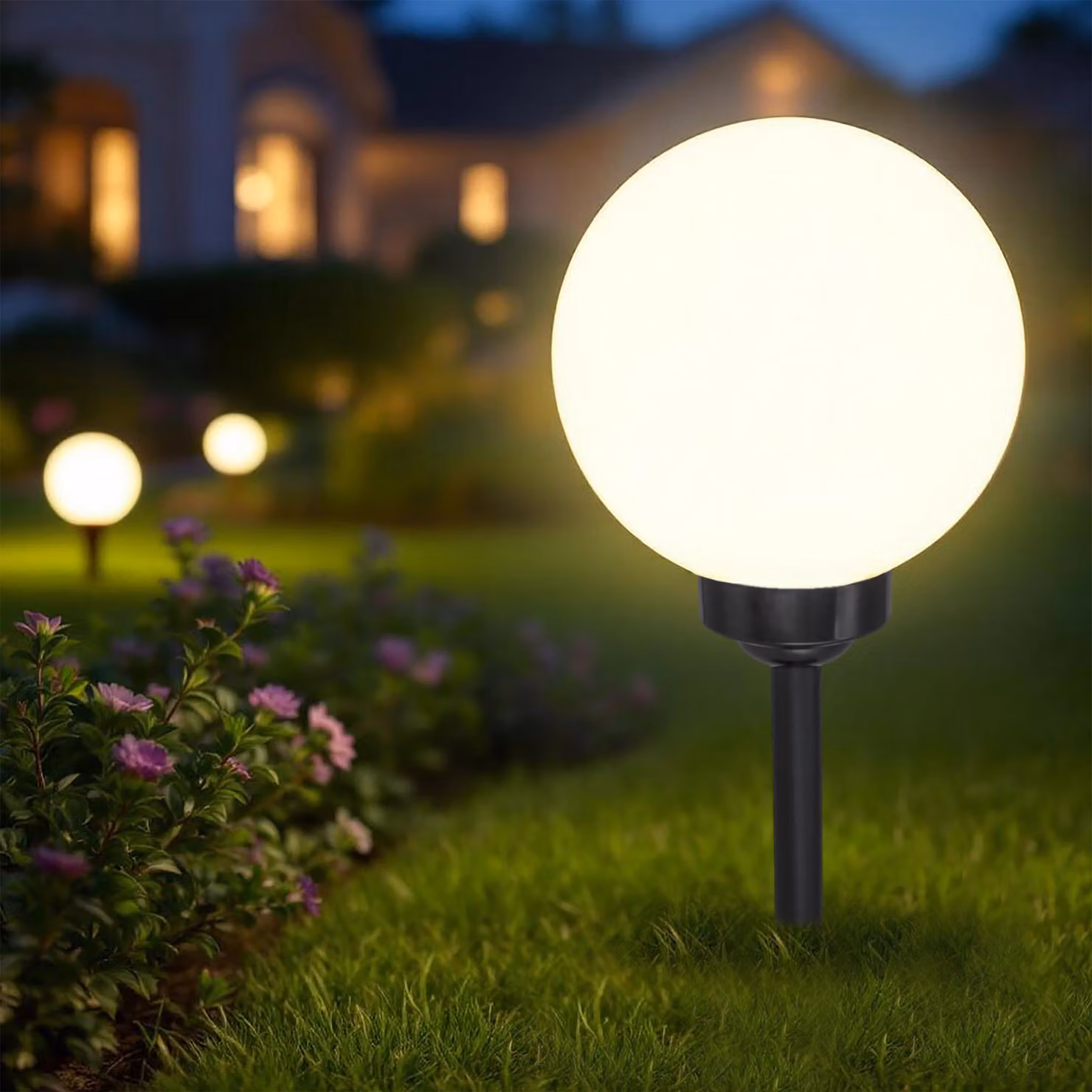 Lampada solare a sfera LED regolabile in altezza con picchetto - Ø 20 cm - Lampada solare da giardino bianco caldo con picchetto