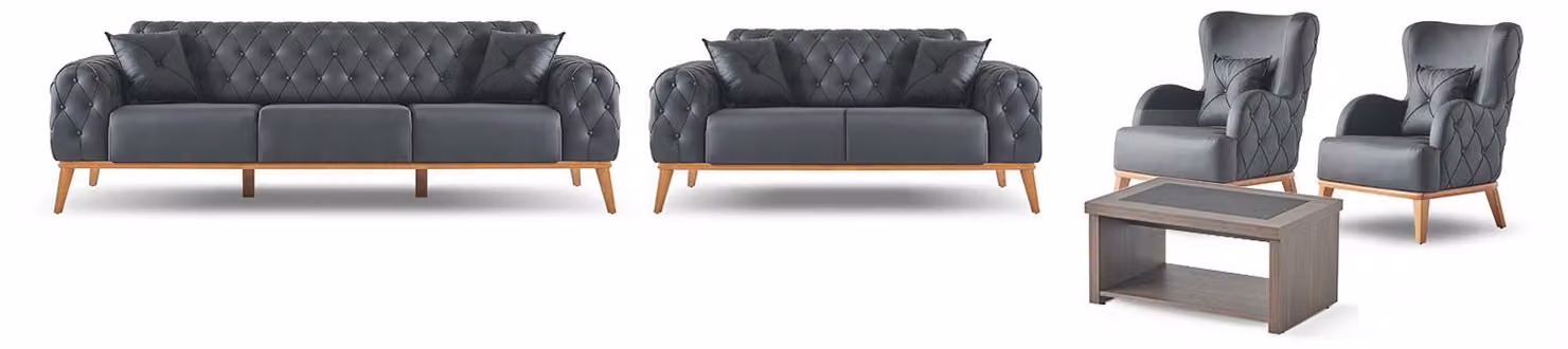Schwarz-Braunes Arbeitszimmer Set Luxuriöser 3-Sitzer Sessel 2-Sitzer