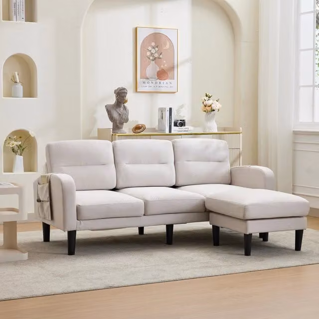 Divano ad angolo 3 posti con chaise longue e tasche laterali, struttura modulare in tessuto beige 204 × 136 × 80 cm