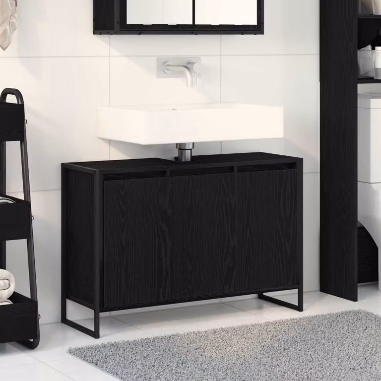 Mobile da bagno vidaXL in stile industriale, colore nero e rovere, con ante a cerniera, L 90 x P 30 x H 60 cm