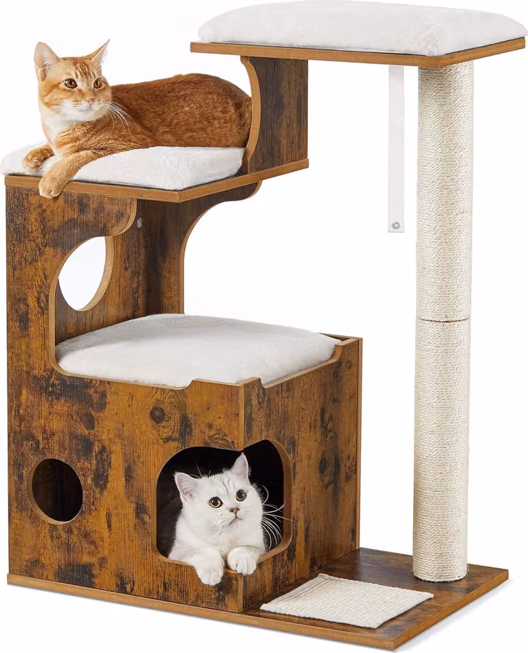 Tiragraffi FEANDREA 86 cm, tiragraffi per gatti di medie dimensioni con 3 aree di riposo e grotta, tiragraffi in MDF con impiallacciatura in legno, tronco in sisal,