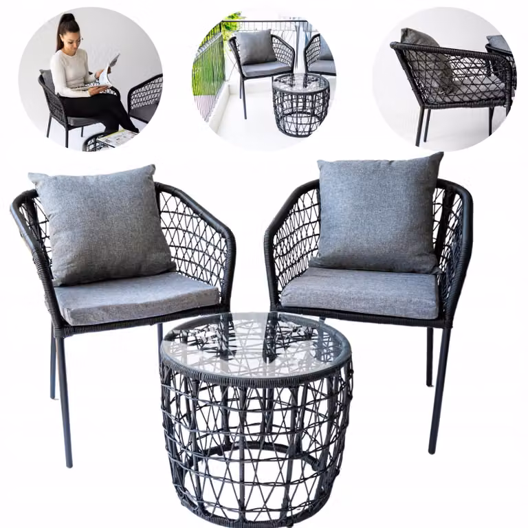 Renovey set mobili da giardino 0T24R109, tavolo e 2 sedie, nero-grigio