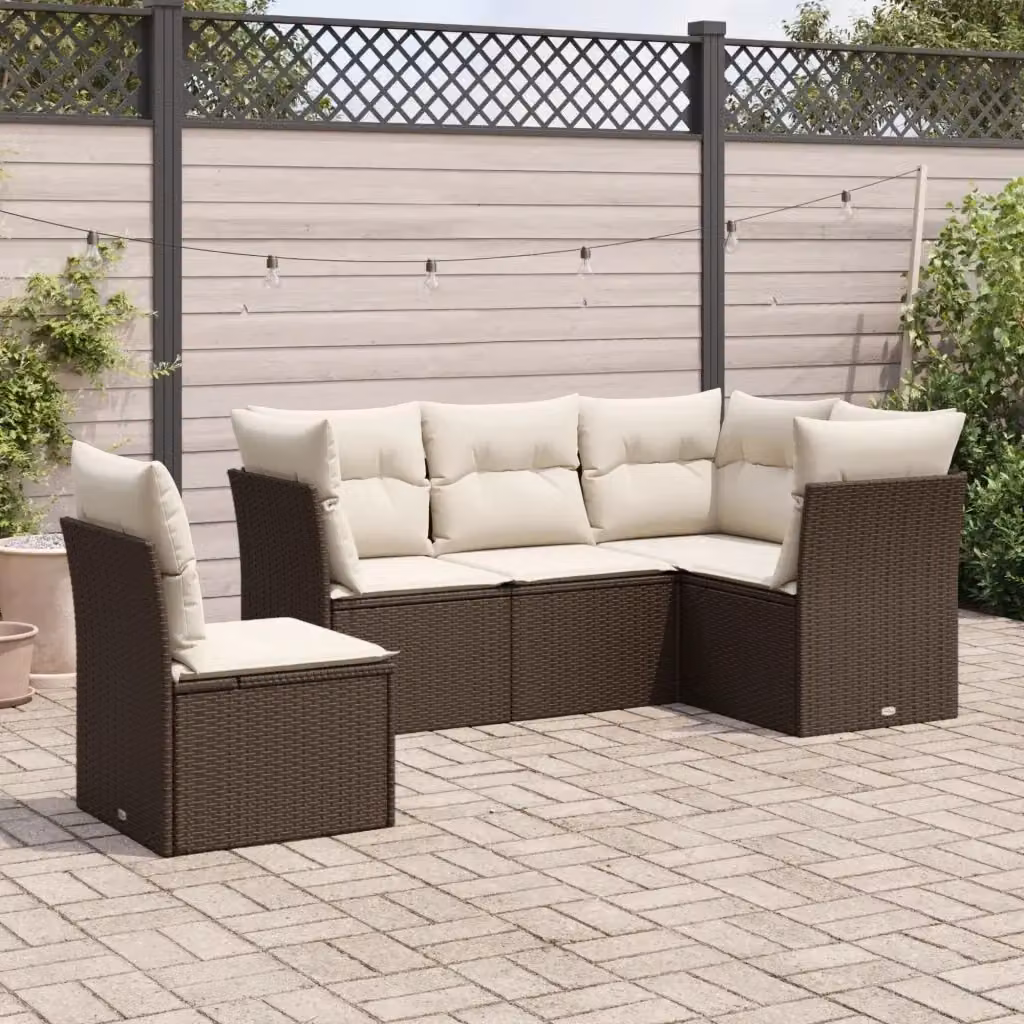 Set Divano da Giardino a L con Cuscini DESIGN IN, 5 Pezzi, Marrone e Bianco, Struttura in Metallo e Polyrattan con Rivestimenti Rimovibili – 2