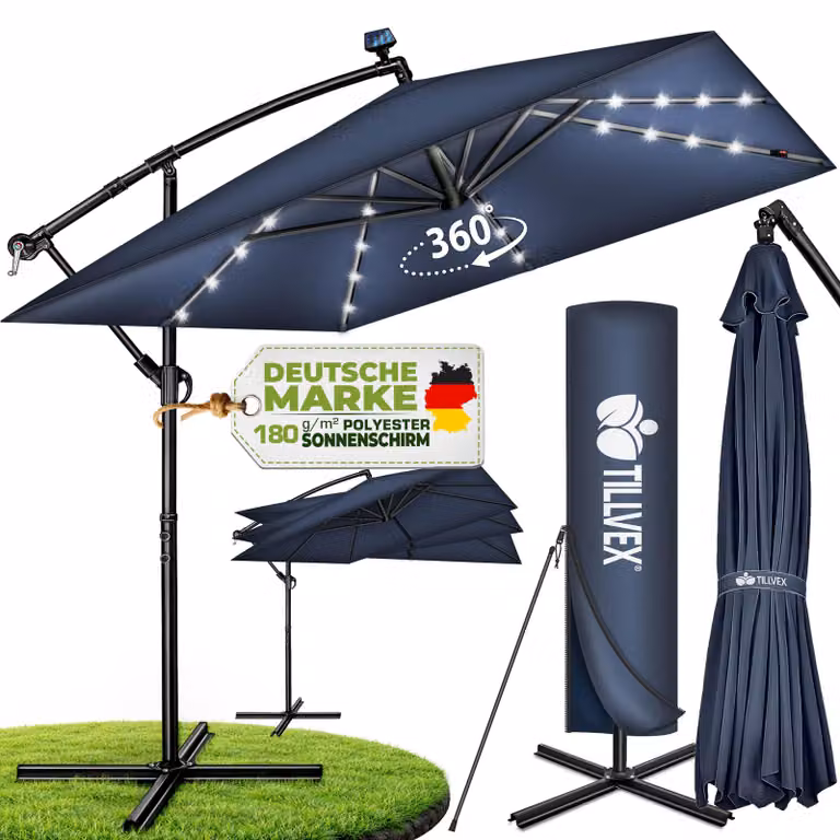tillvex® Parasole rettangolare in alluminio, diametro 330 cm, con luci LED solari, colore blu navy + copertina con manovella | Parasole a gondola con supporto | Parasole da giardino con protezione UV, impermeabile, rotazione a 360° | Parasole con manovell