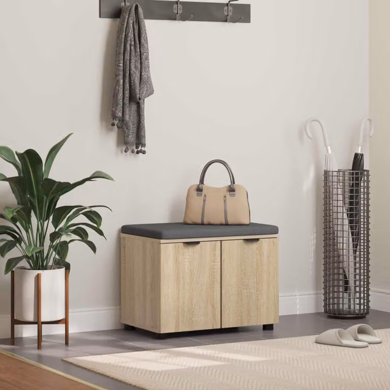 Panca per ingresso con scarpiera e cuscino vidaXL, Rovere Sonoma, L: 60 cm, P: 38 cm, H: 46 cm