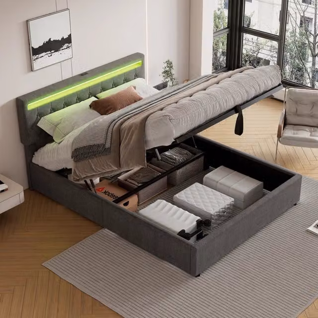 Letto imbottito matrimoniale 160 × 200 cm con contenitore sollevabile, led regolabile, usb e tipo-c, senza materasso, grigio