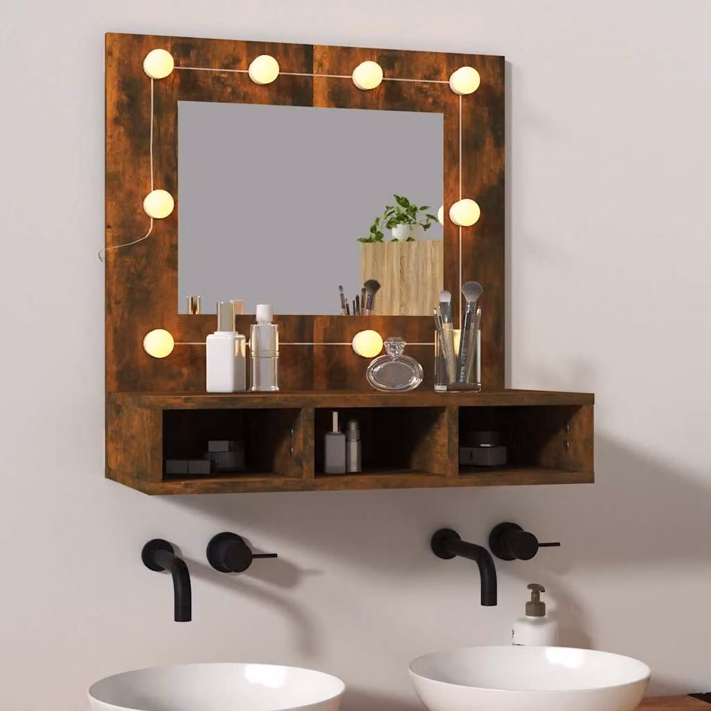 Mobile a specchio con LED vidaXL in rovere fumo, L 60 cm, P 31,5 cm, H 62 cm