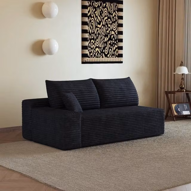 Divano angolare MIVRAY con chaise longue reversibile in tessuto a coste nero per soggiorno e camera da letto