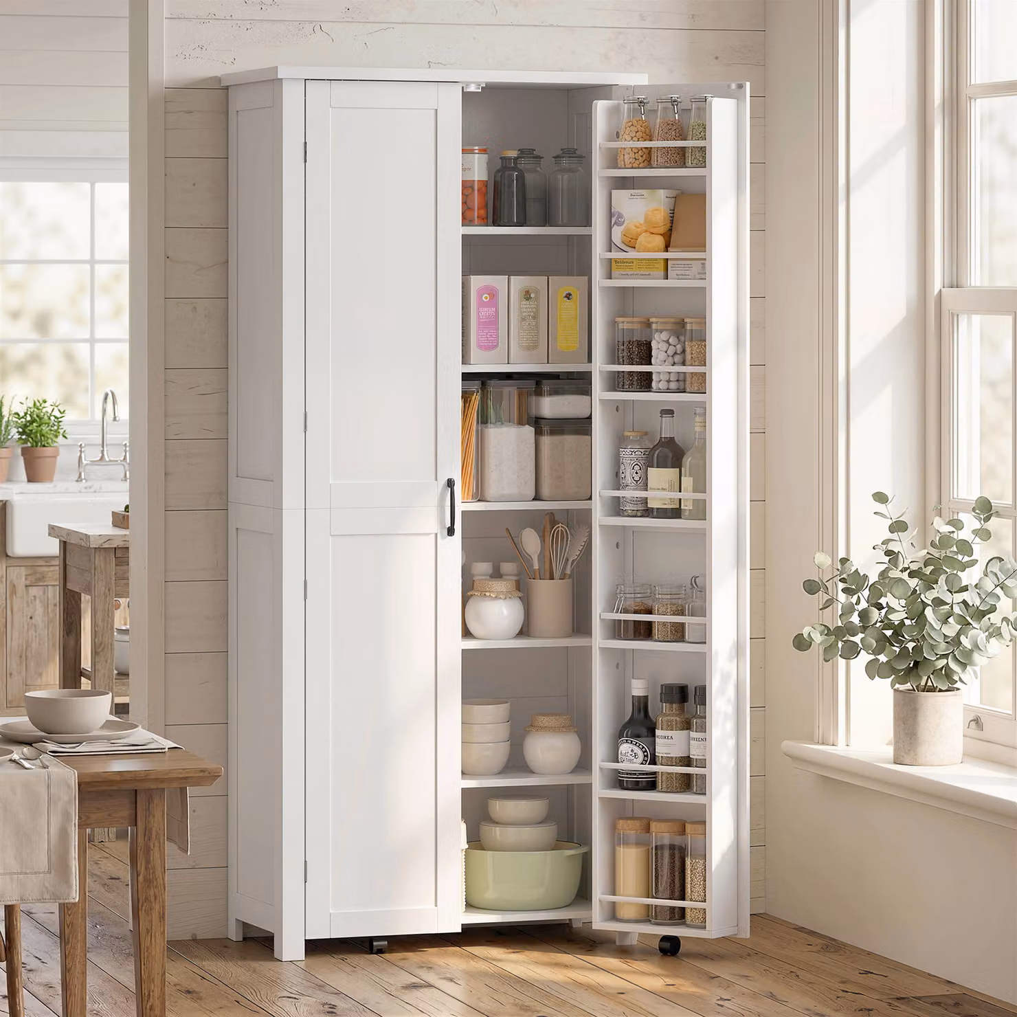 Carrello cucina moderno HOMCOM bianco con ruote e 2 ante con scomparti interni – 2