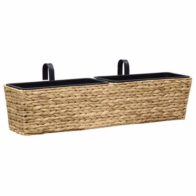 Set di 2 fioriere rettangolari in rattan intrecciato beige con struttura in metallo e plastica per uso da tavolo