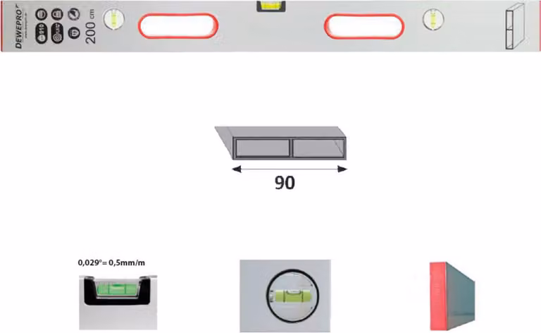 DEWEPRO Bastone livellatore in alluminio - 3 fiale - 2 maniglie 150cm 1,5m