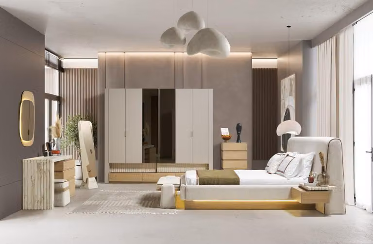 Bett Beige Nachttische Kleiderschrank Schminktisch mit Spiegel Kommode Spiegel