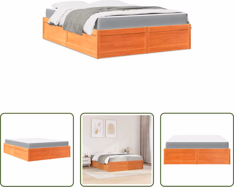 The Living Store Letto con materasso marrone cera 160x200 cm in legno di pino massiccio