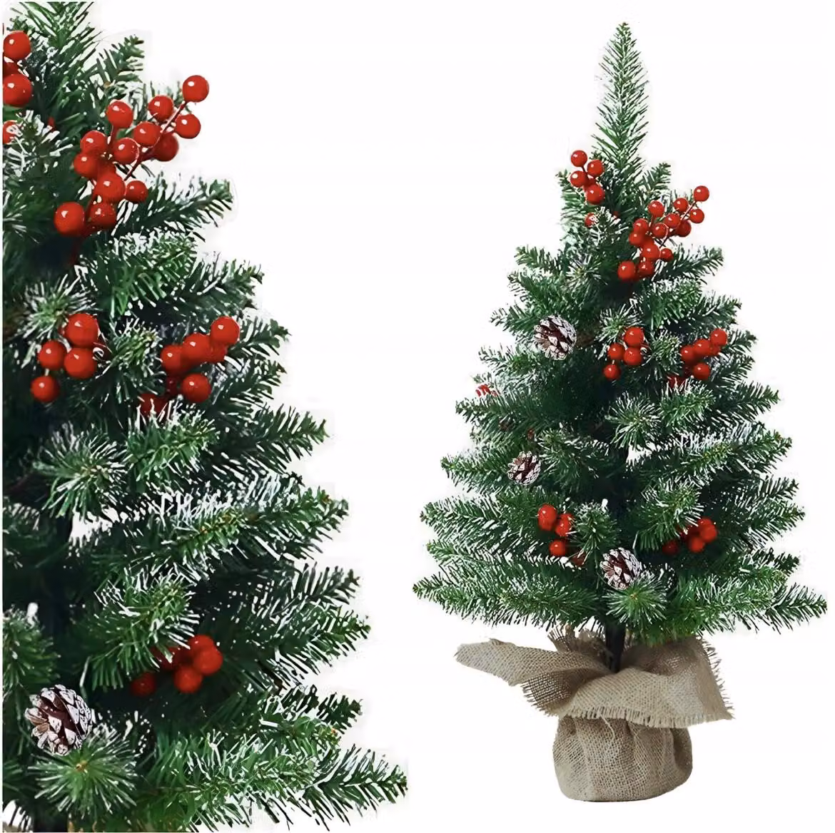 Piccolo albero di Natale artificiale, 60 cm, molto fitto, ricoperto di neve con decorazioni rosse