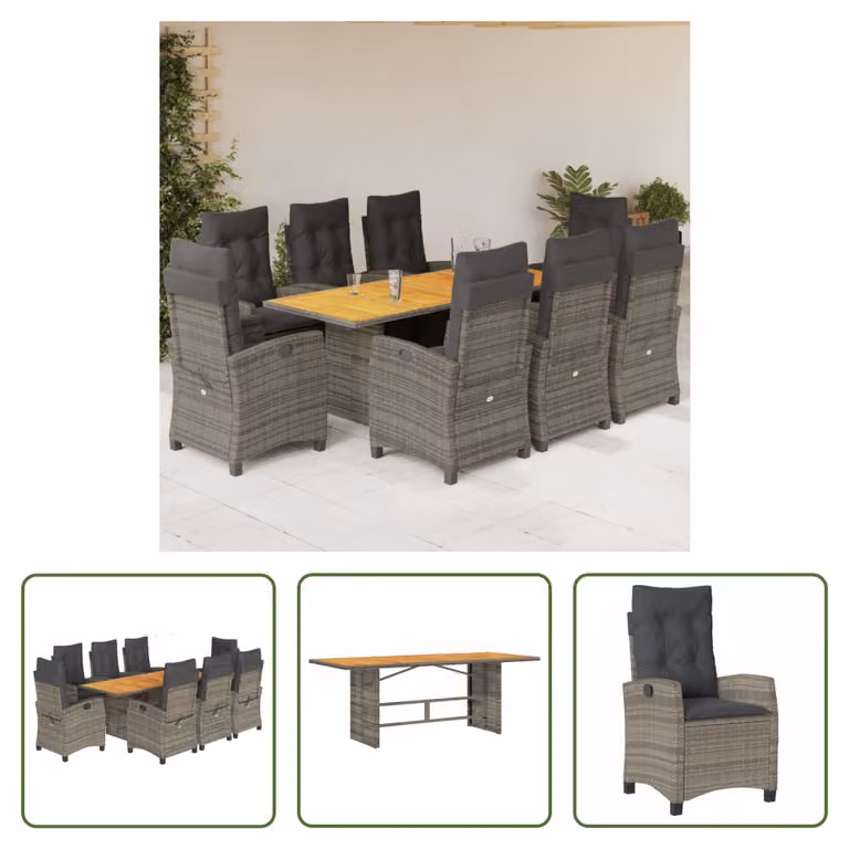The Living Store Set da pranzo da giardino 9 pezzi con cuscini in poly rattan grigio