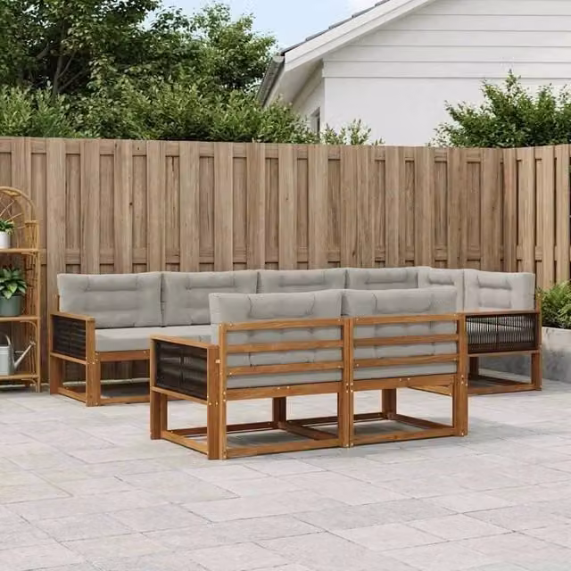 Set di divani da esterno a forma di U vidaXL in legno di acacia con cuscini, colore marrone e grigio chiaro