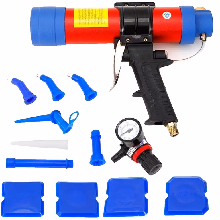 Pistola applicatrice di colla pneumatica, capacità 310 ml, pressione di esercizio 87 PSI, dimensioni totali 26,8*24 cm, lunghezza del tubo 19-23 cm, diametro dell'ugello 5,4 cm
