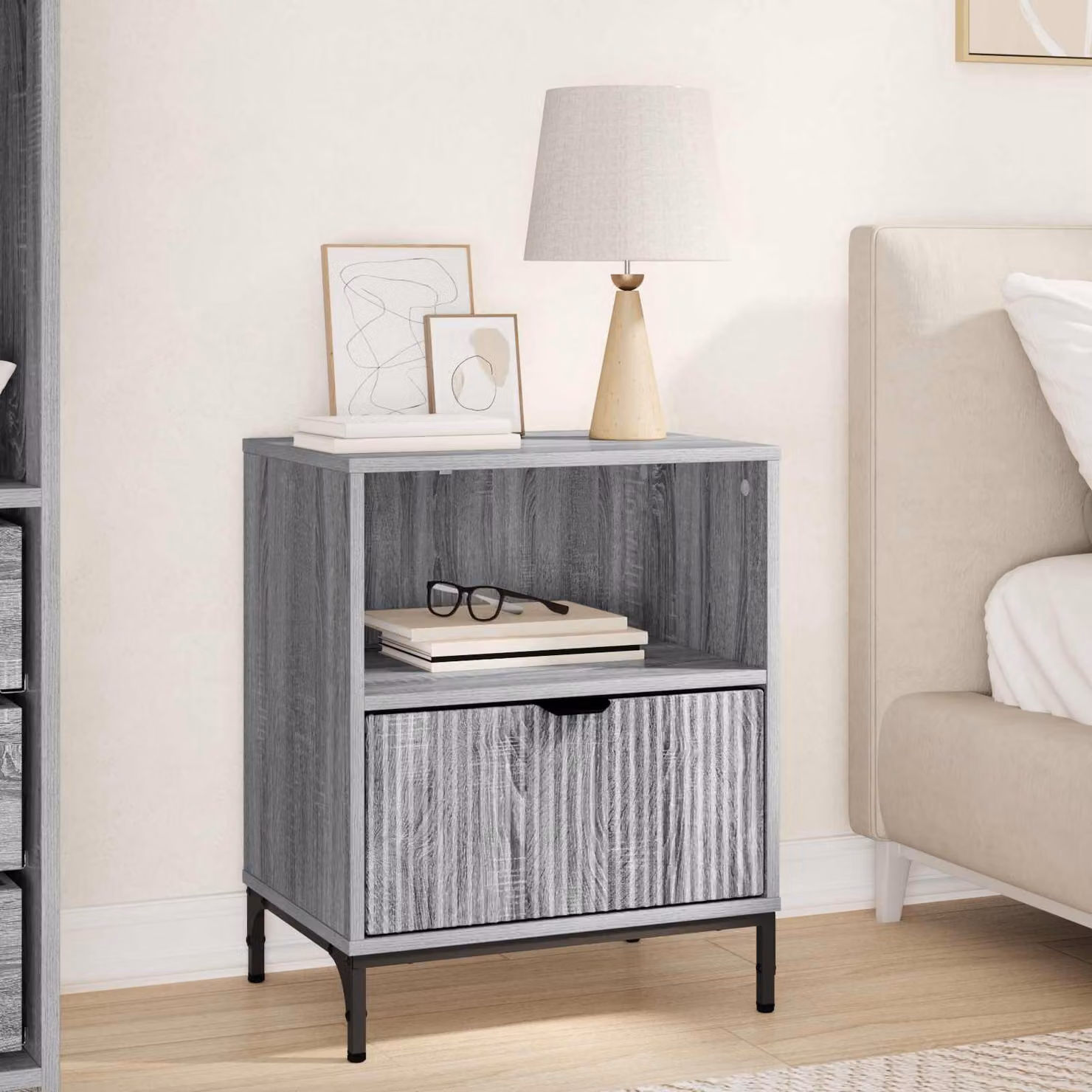 Armadio da notte moderno vidaXL in MDF e metallo, Grigio, L: 49 cm, P: 36 cm, H: 61 cm