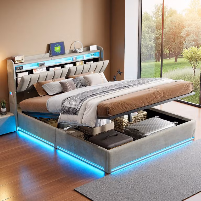 Letto imbottito INONEFT 140x190, letto moderno per giovani con LED e USB, letto con sistema di sollevamento idraulico e contenitore, rivestito in velluto grigio, senza materasso