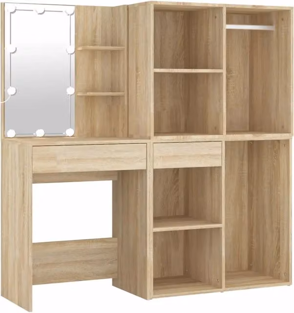 Toeletta Hollywood LED con 2 Armadietti in Legno Rovere Sonoma, L: 140 cm, P: 40 cm, H: 60 cm – 1