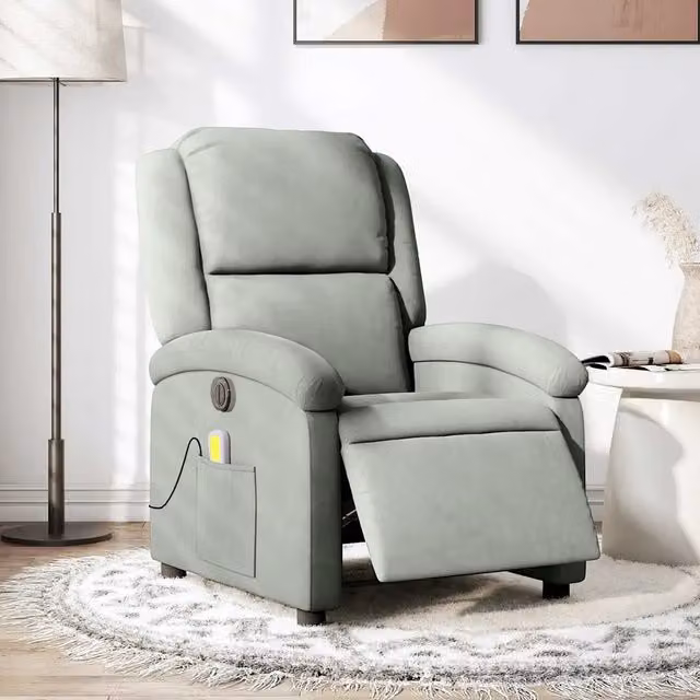 Poltrona Elettrica Massaggi Reclinabile-Divano Sedia Grigio Chiaro Velluto 914196