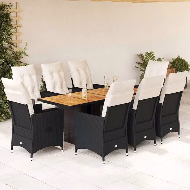 Set da Pranzo da Giardino Moderno vidaXL in Polyrattan e Legno di Acacia con 9 Sedute, Colore Nero e Bianco